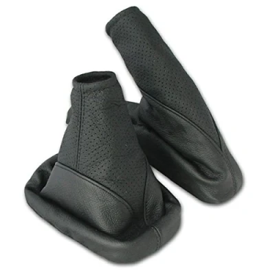 Imagen de L&amp;P A099 1 Funda saco cuero de real piel genuina negro perforado con costura negra palanca cambios cambio velocidad velocidades marchas conmutación y freno mano estacionamiento