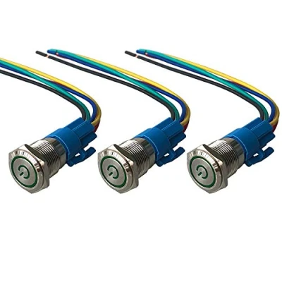 Imagen de QitinDasen 3Pcs Premium 12V / 24V 5A Interruptor de Botón Autoblocante, 16mm Metálico, LED Verde Pulsador Impermeable IP67 con Enchufe Cable