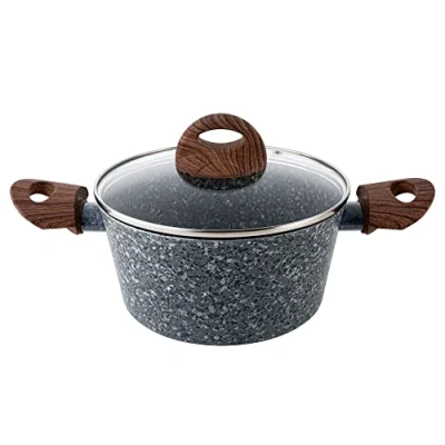 Imagen de FLORINA Granite Cazuela Alta Inducción 28cm, 6,1 Litros, Aluminio, Tapa de Cristal 3 Capas Antiadherente Granito sin PFOA Asas Imitación Madera Apta todas Cocinas Vitrocerámica Eléctrica, Gas (1P0162)