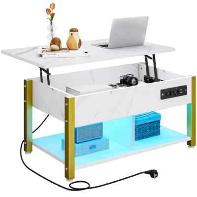 Imagen de YITAHOME Mesa de Centro con Placa elevable, fácil Levantar, Espacio Almacenamiento 2 Niveles, Ajustable en Altura Compartimento Oculto e iluminación LED