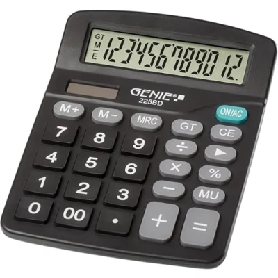 Imagen de Genie 225 BD de 12 dígitos calculadora, Dual Power (Solar y batería), diseño compacto, color negro