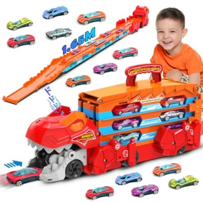 Imagen de VATOS Juguete de transporte dinosaurios para coche 2 en 1 expulsión plegable portátil con 8 coches carreras, vehículos transporte, juego juguetes niños 3 a 5 años