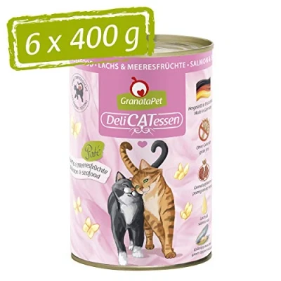 Imagen de GranataPet Delicatessen Salmón y Mariscos Comida Húmeda para Gatos Gourmets, Alimento Sin Cereales Azúcares Aditivos, 6 x 400 g