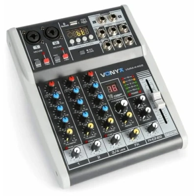 Imagen de Vonyx VMM K402 Mezclador de directo 4 canales con DSP efectos, phantom y EQ 3 bandas por canal, salida auriculares, master jack ideal para ensayos, pequeños eventos o directos