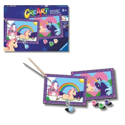 Imagen de Ravensburger CreArt Serie Junior: Unicornios, Kit para Pintar por Números, Contiene dos Tablas Preimpresas, un Pincel, Colores, Juego Creativo Niños y Niñas 5+ Años
