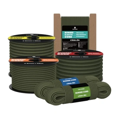 Imagen de Kamu Synber Cuerda Elástica 10mm x 10m de Goma Elastica para Lona, Remolque, Piscina, Pulpos Verde Militar