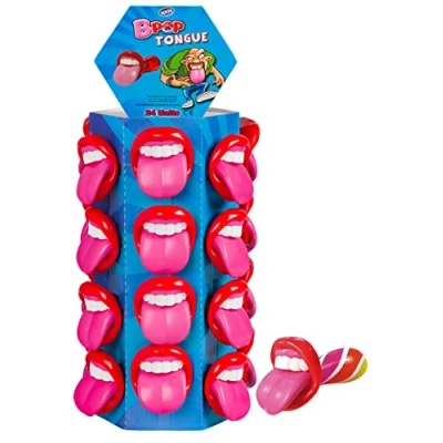 Imagen de WOM Tongue, Chupetes de Caramelo con Forma Boca Sacando la Lengua, Piruletas Multicolor Fresa, Torre 24 Unidades 15 gr.