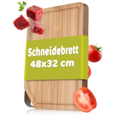 Imagen de RÖSLE tabla de cortar con mango acero inoxidable para uso universal, servir, madera olmo, 18/10, 48 x 32 cm