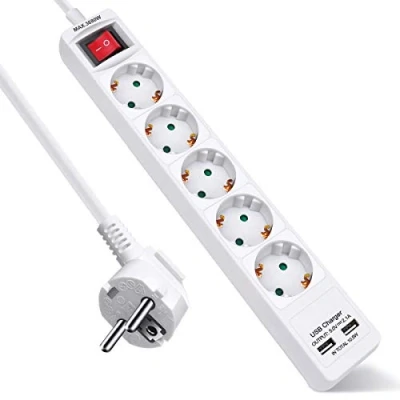 Imagen de EXTRASTAR Regleta Enchufe con 5 Tomas y 2 Puertos de USB, Alargador Interruptor, 1.5 m, para El Hogar, La Oficina Los Viajes, 3680W, Blanco, 1pc