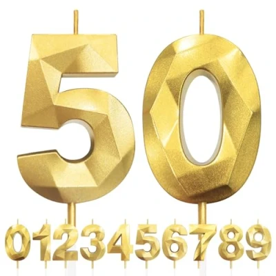 Imagen de Velas de 50 Cumpleaños Dorado, 3D Número 50, Vela para Pasteles, Feliz Cumpleaños,Velas Decoraciones Cumpleaños, Fiestas, Bodas, Aniversarios