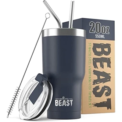 Imagen de Greens Steel BEAST Termo Café para Llevar 550ml I Azul Marino Taza Térmica de Acero Inoxidable Reusable Viajera Doble Pared al Vacío 2 Pajitas y Cepillo Limpieza