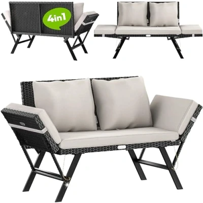 Imagen de CASARIA® Banco de Jardín Negro Multifuncional 2en1 Tumbona Reclinable Sofá Cama 240kg Intemperie Cojines