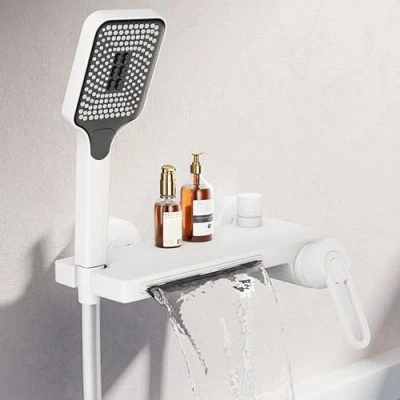 Imagen de Yalsfowe grifo de bañera en cascada con ducha mano, montado la pared, mezclador cascada, baño una manija ducha,blanca