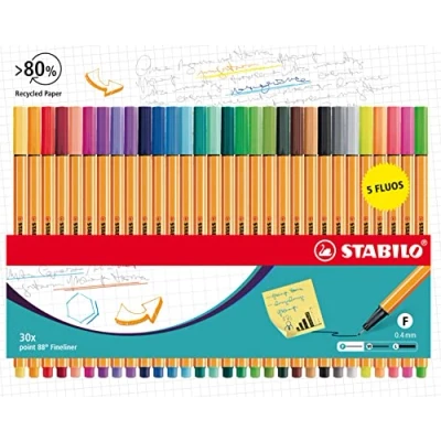 Imagen de Rotulador punta fina STABILO point 88 Estuche de cartón con 30 colores (incluye 5 neón)