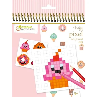 Imagen de Clairefontaine ES Avenue Mandarine GY099C Un cuaderno de espiral Graffy Pixel 24 páginas para colorear (12 modelos x 2 hojas cuadriculadas en blanco) 250 g Gourmandises Kawaï