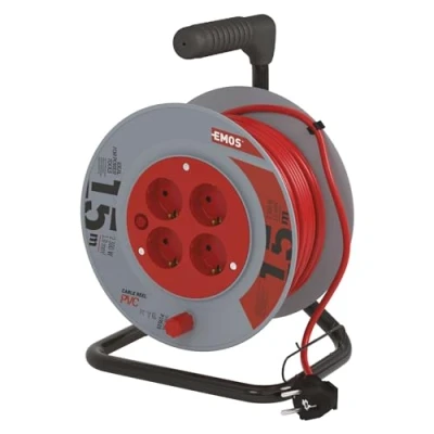 Imagen de EMOS Carrete de Cable 15m 4 enchufes Schuko 230 V, 10 A, 2300 W Aislamiento PVC H05VV F3G 1,0 mm2 Protección contra sobrecalentamiento, Freno Bobina IP20 para