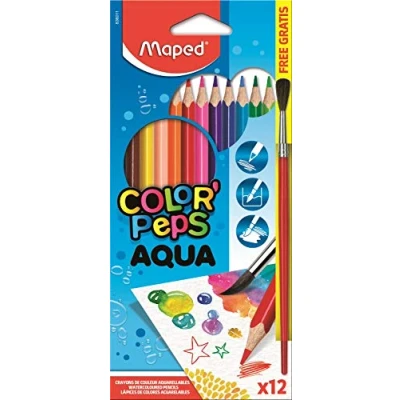 Imagen de Maped Pinturas de Madera Lápices Colores Aqua 12 Incluye 1 Pincel Mina Acuarelable Ideal para Humedecer con el Tras su Aplicación