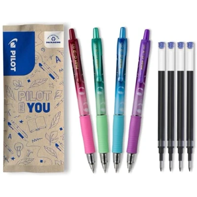 Imagen de PILOT Caja de 4 G2 Bubble + Recargas Bolígrafos Roller Tinta Gel Retráctiles y Recargables Cuerpos en Violeta, Verde, Turquesa Burdeos Azul Punta Media