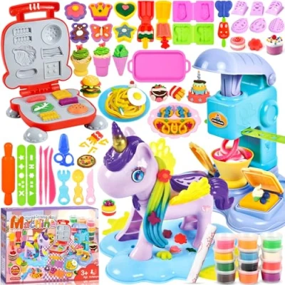 Imagen de ZQEJEFD Moldes Plastilina, 59 Piezas Juego de Herramientas Plastilina para Niños con 12 Botes Accesorios Crear Hamburguesa y Helados, Peluquería Unicornio