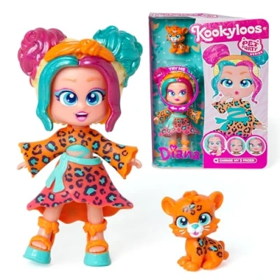 Imagen de Kookyloos Serie Pet Party Diana muñeca coleccionable con un leopardo de mascota. Incluye la Diana, 1 mascota, ropa y zapatos moda accesorio ¡1 muñeca, 3 caras diferentes!