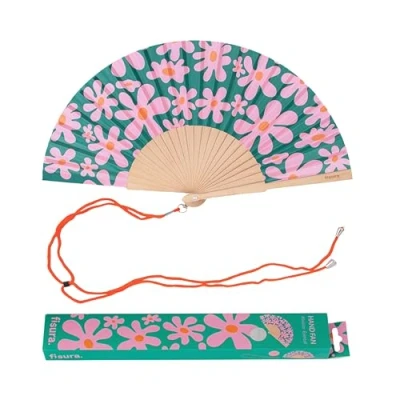 Imagen de Fisura Abanico original con estampado flores retro. de madera moderno y colorido. Ventilador mano rosa verde. Colgador incluido. Medidas: 42,5 x 23 cm