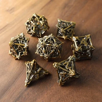 Imagen de DND Dados Metal Juego Dado Poliédrico Hueco Flor D&amp;D 7 Piezas para Mazmorras y Dragones Pathfinder RPG MTG D4 D6 D8 D10 D12 D20 D%
