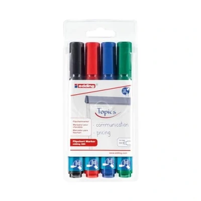 Imagen de edding 380 marcador para flipcharts juego de 4 negro, rojo, azul, verde punta redonda 1,5 3 mm rotulador escribir, dibujar y marcar sobre papel recargable, no traspasa, mancha