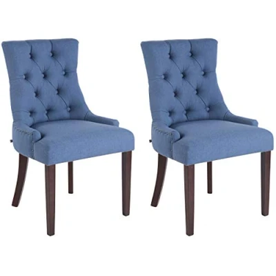 Imagen de CLP Set 2 Sillas Comedor Aberdeen En Tela &amp; Base De Madera I Chesterfield Look, Color:Azul, Color del Marco:Antiguo