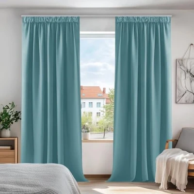 Imagen de Deconovo Cortinas Opacas para Dormitorio Salon Ganchos o Pase por la Barra, Térmicas Aislantes Frio y Calor 2 Piezas, 132x214 cm, Azul Celeste