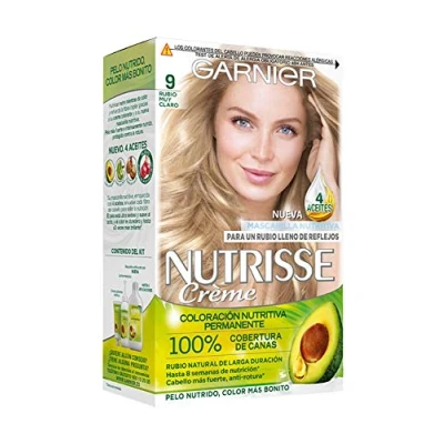 Imagen de Garnier Nutrisse Creme Coloración Nutritiva Permanente, Tinte 100% Cobertura de Canas con Mascarilla 4 Aceites Tono 9 Rubio muy Claro