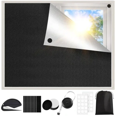 Imagen de Kisvic Estor Opaco sin Taladrar, 145x200cm 100% Opaca Juego de Tela para Cortinas Opacas Negro Ventana Techo Taladrar Interiores, Viajes, Bebés