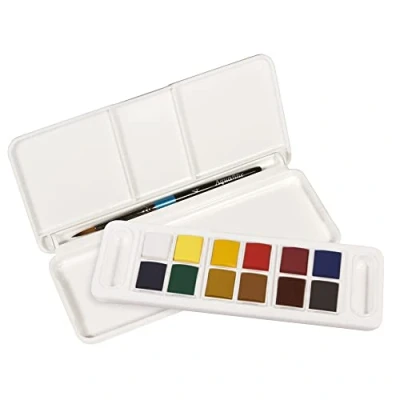 Imagen de Daler Rowney Aquafine, Set de plástico, Medio Godet, Travel Set, 12 Colores Surtidos + 1 Pincel Aquafine