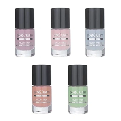 Imagen de PostQuam Color Trend Esmaltes de Uñas Normales Set Pintauñas en Tonos Pastel con 5 Colores: Azul, Verde, Salmón, Rosa Palo y Lila Esmalte Secado Rápido