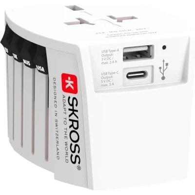 Imagen de Skross, 1.302962, MUV USB (AC), Adaptador de Viaje Universal + 2 USB. Voltaje y Potencia: 100V 250W / 250V 625W 1 x C: 3.0A, A: 2.4A. Protección contra descargas eléctricas