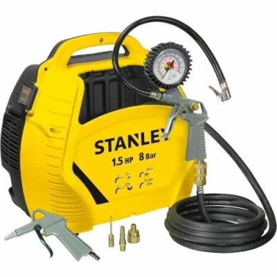 Imagen de Stanley Compresor Aire 8 Bar de Portatil Sin Aceite con Herramientas Neumáticas Set Incluye Manguera 3M, Pistola Manómetro y 3 Boquillas