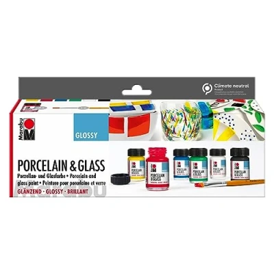 Imagen de Marabu 1115000000087 Porcelana Starter Set Brillante al Agua para y Vidrio, Apta lavavajillas sin Hornear, 6 x 15 ml de Pintura Pinceles, Multicolor, One Size