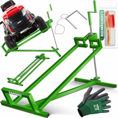 Imagen de MASKO® Elevador para Tractores de Césped XXL 400 kg Plataforma Elevadora Levantador Cortacésped Asiento Ayuda Limpieza Universal +45 Inclinación Ajustable Incluye Guantes Trabajo Verde