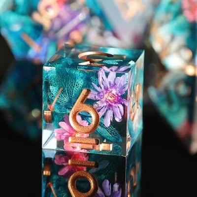 Imagen de Elifel Flor DND Dados de rol Juego Dado Poliédrico y Borde Afilado Resina D&amp;D 7 Piezas para Mazmorras Dragones Pathfinder RPG MTG D4 D6 D8 D10 D12 D20 D%