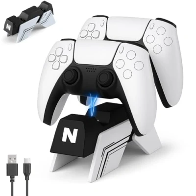 Imagen de NiTHO Estación de Carga Compatible con 2 Mandos PS5/ Edge, Recarga Doble USB Diseño Vertical Click In y Protección contra Sobrecargas, Blanco