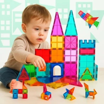 Imagen de NK Bloques de Construcción Magnéticos para Niños (65 Piezas) Piezas Magnéticas 3D Magnetic Tiles, Juguete Educativo Montessori, Regalo Cumpleaños Navidad Infantil