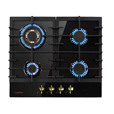 Imagen de Klarstein Victoria cocina de gas natural 4 fogones, llamas, autárquico, 60 cm, encastrable, quemador Sabaf, propano, válvulas seguridad, autoapagado, portaollas hierro fundido, negro