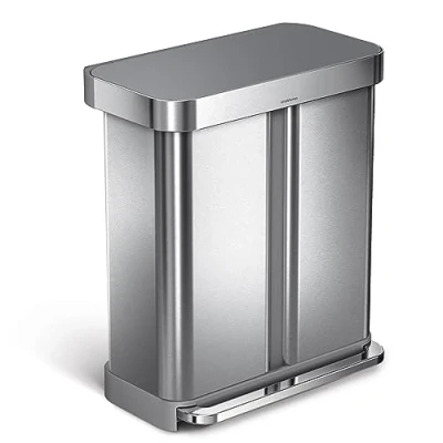 Imagen de simplehuman CW2209 cubo doble compartimento con pedal y almacén de bolsas basura, acero inoxidable cepillado tapa plástico gris, 58 L (34/24)