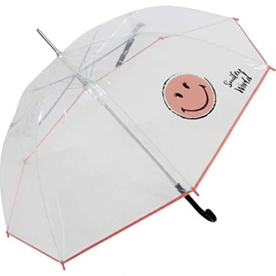Imagen de Smiley World Paraguas automático transparente, Rosa., 104 cm, Transparente con diseño de sonrisa impresa