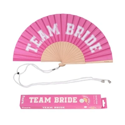 Imagen de Fisura Abanico original con mensaje “team bride. para bodas y despedidas de soltera. Ventilador mano moderno colorido. Colgador incluido. Medidas: 42,5 x 23 cm