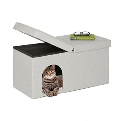 Imagen de Relaxdays Casa Gato con Banco Rectangular, Cueva Gatito Plegable, Escondite Perro, Robusta, MDF, 38,5x74,5x37 cm, Beige, Poliéster