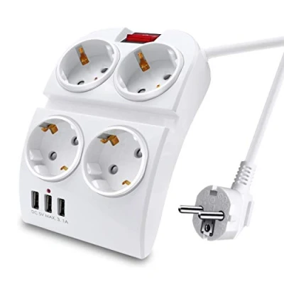 Imagen de EXTRASTAR Regleta con 4 Enchufes y 3 Puertos USB e Interruptor, Cable de Alimentación 1,5 Metros, Enchufe Eléctricas Protección para niños Europe, Blanco, 3680W 230V 16A