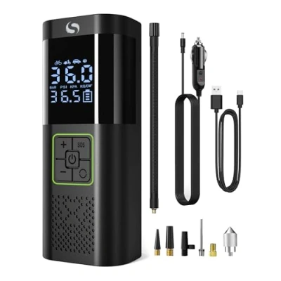 Imagen de SERVOMASTER Compresor Aire Portatil, Mini Coche con Manómetro, Inflador Ruedas Coche, 150PSI 12V DC Electrico, Accesorios Luz LED para Moto Bicicleta Bola