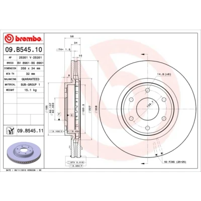 Imagen de BREMBO COATED DISC LINE 09.B545.11 Disco de freno 358 34 6 ventilación interna revestido