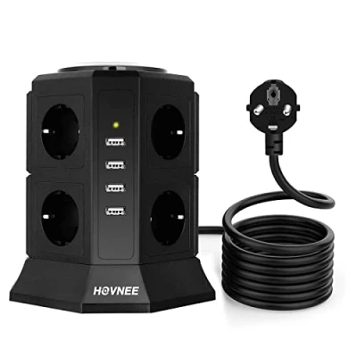 Imagen de HOVNEE Regleta Vertical Torre Enchufes Proteccion sobretension de 8 Tomas Corrientes y 4 Rápida USB Tomas, Cable extensión Seguridad 2m Interruptor, Tapón Seguridad, 2500W/10A