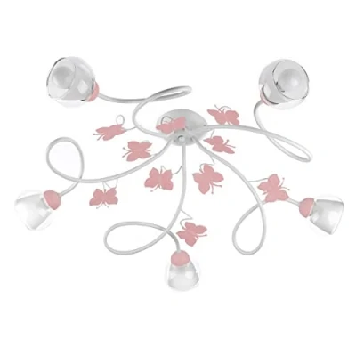 Imagen de ONLI Plafón de 5 luces metal blanco con mariposas pintadas en rosa